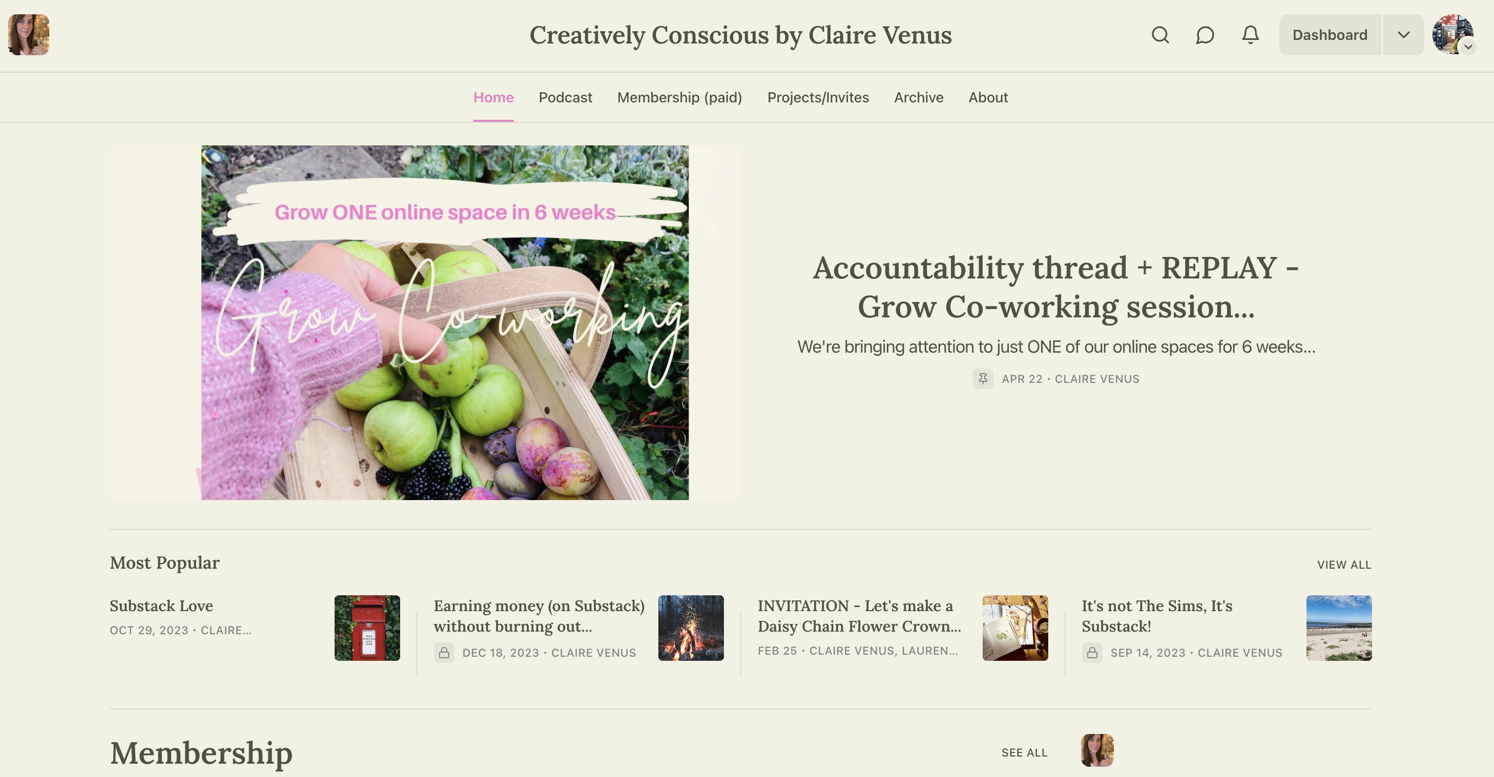 Screen shot of Claire's Substack - Creatively Conscious
