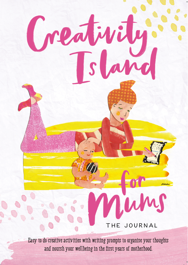 A collage image of a mum with a little one writing in her notebook.